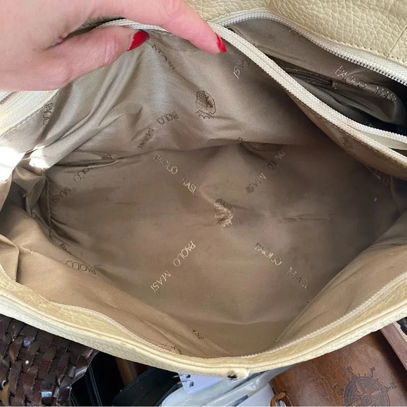 Paolo Masi Italian Leather Genuine Leather Cream Boho Satchel Brown Woven Straps - Picture 9 of 14